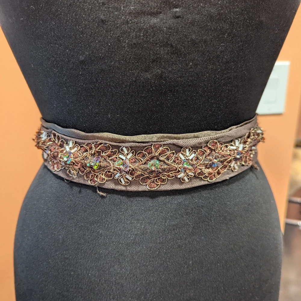 Whimsigoth Vintage Y2K Brown Belt Satin Embroidered Tie Waist Or Headband